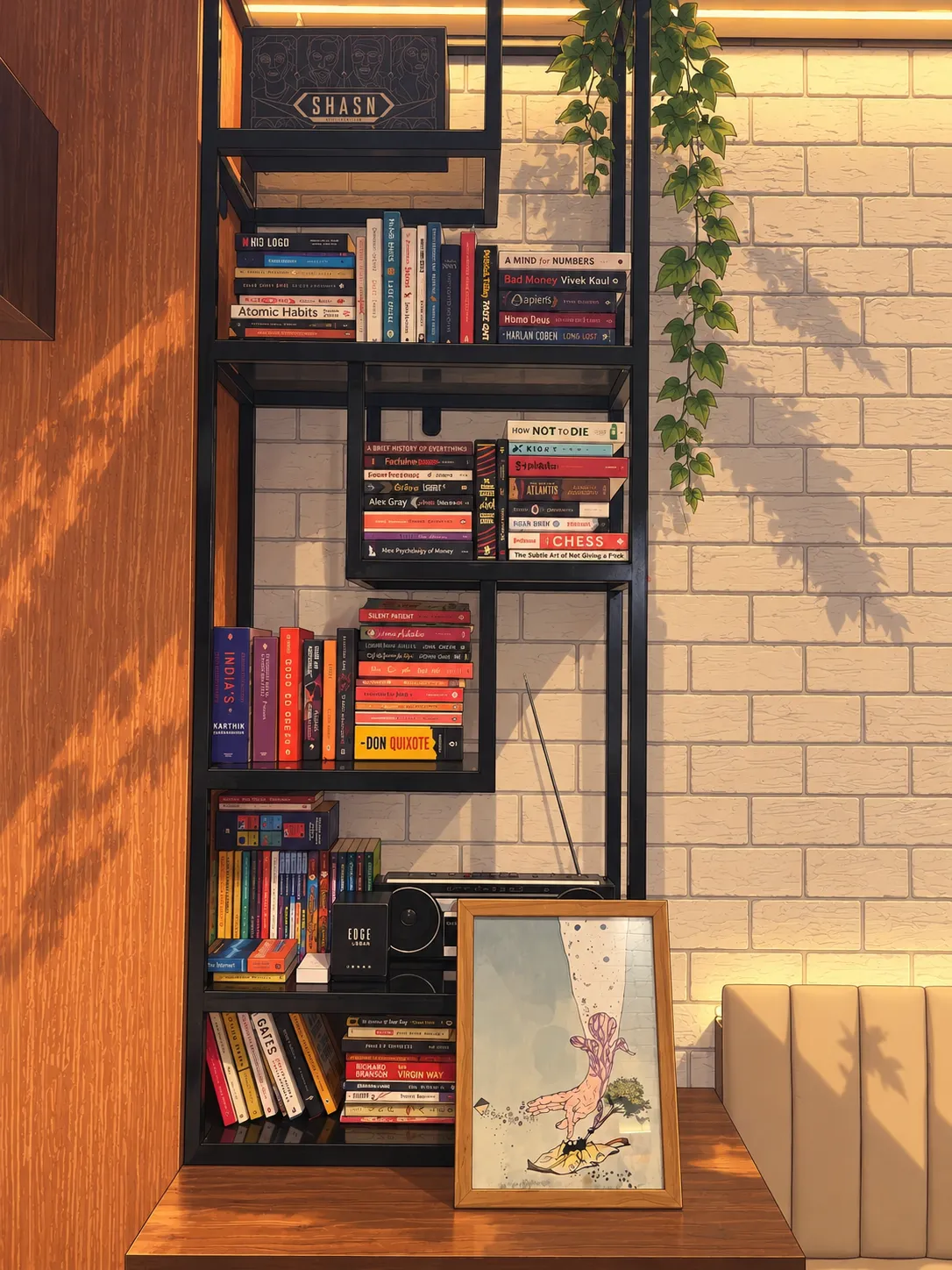 Tall black bookshelf full of novels and board games