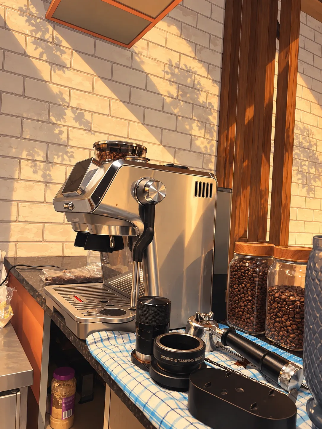 Espresso machine and jars of coffee beans in morning light