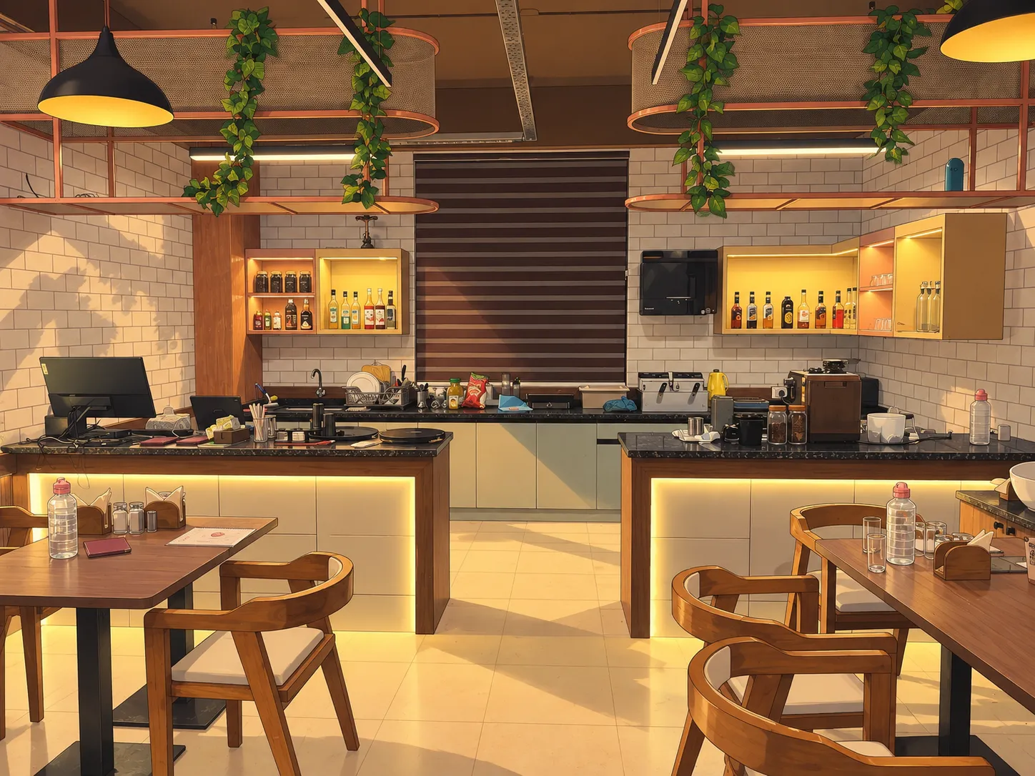 The whole cafe before opening: two lit counters, hanging pothos and empty walnut tables