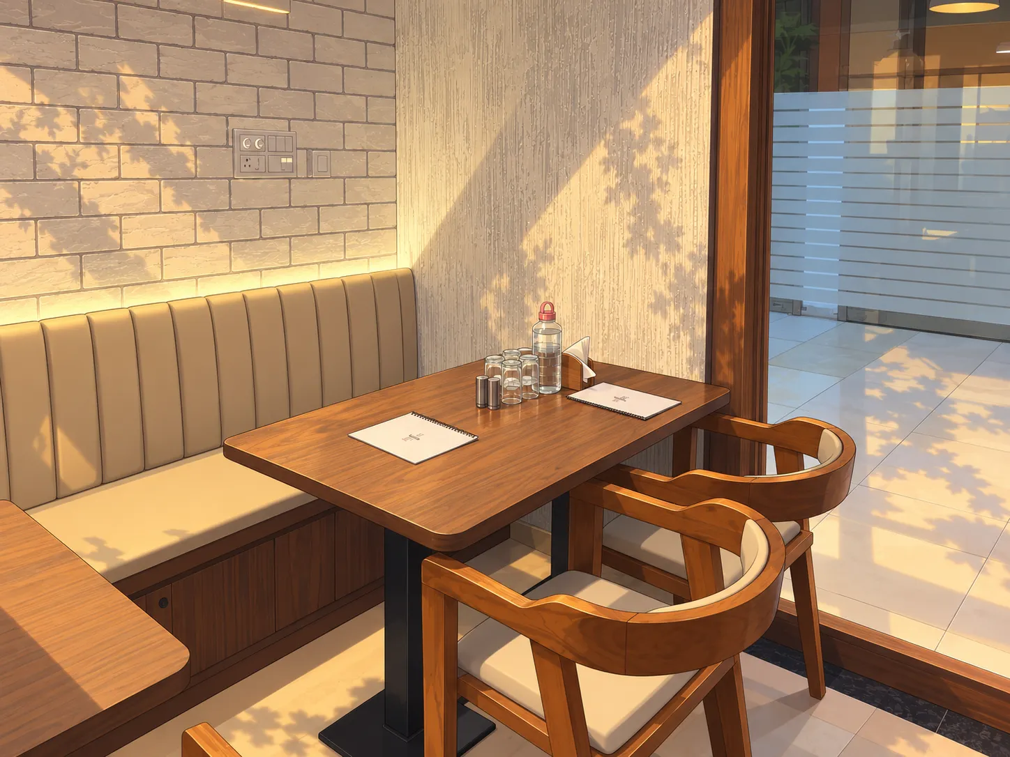 An empty window booth with menus on the table and leaf shadows across the wall