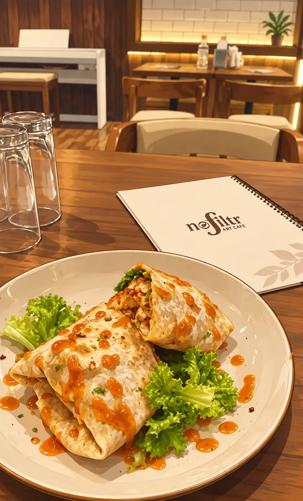 A grilled chicken wrap drizzled with peri peri sauce beside the nofiltŕ menu