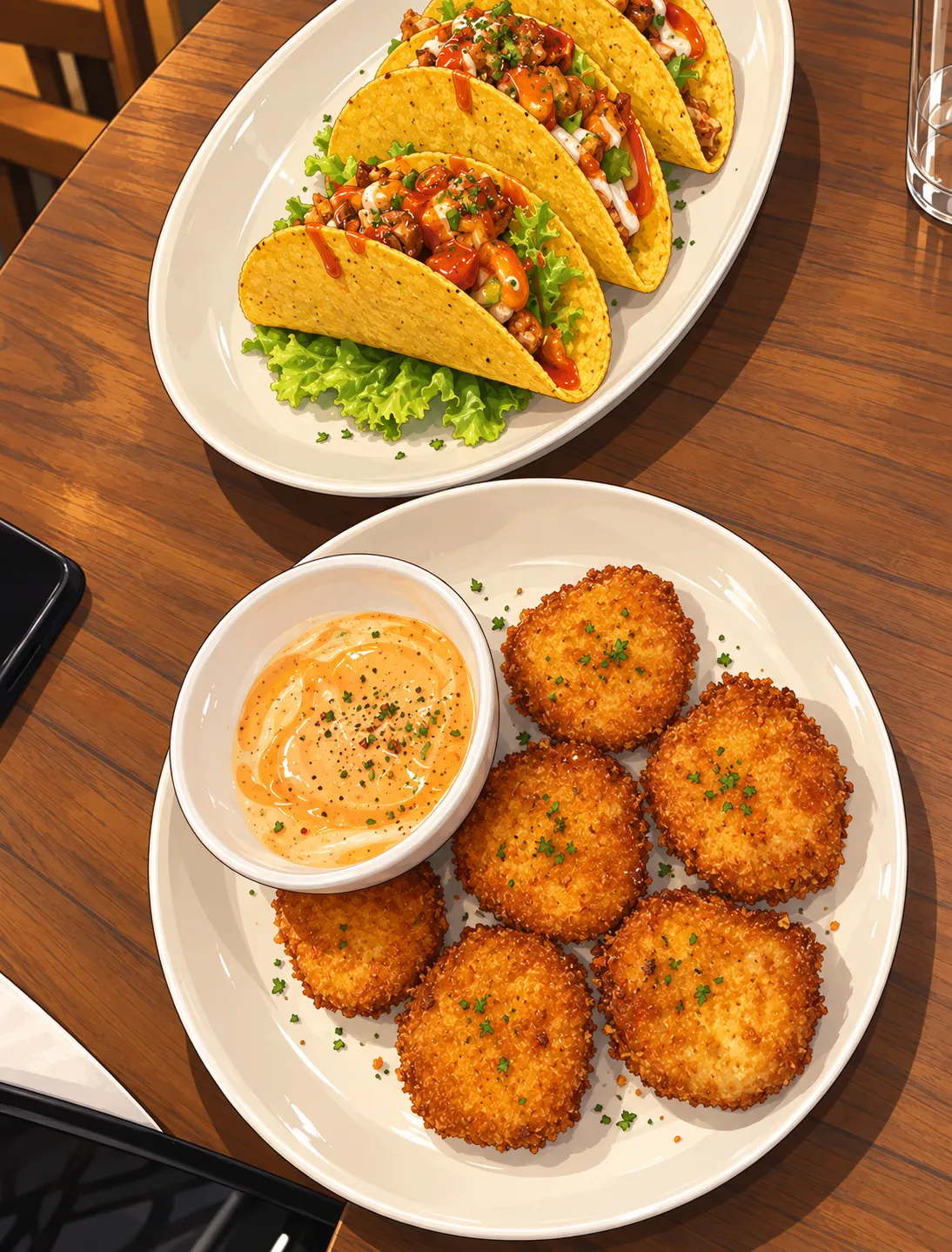 Crispy tacos and golden cutlets with a dip, seen from above on a walnut table