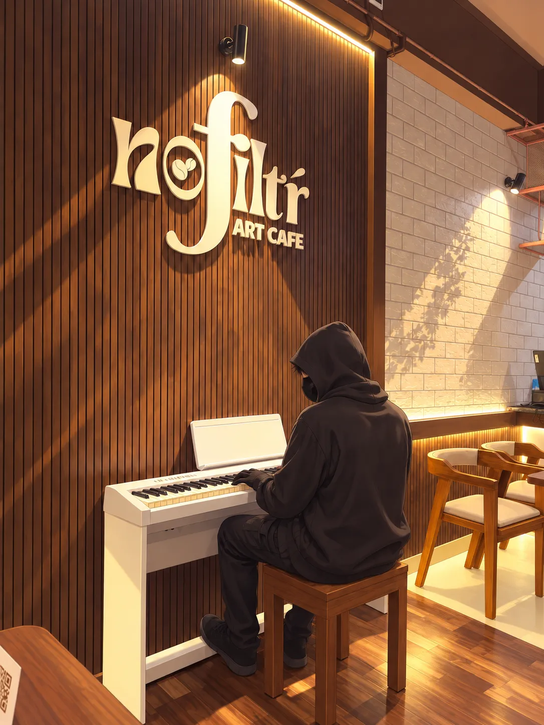 A hooded musician playing the white piano beneath the nofiltŕ sign on the walnut wall