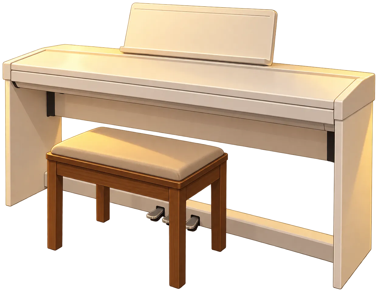 The white piano and walnut bench in the nofiltŕ music corner